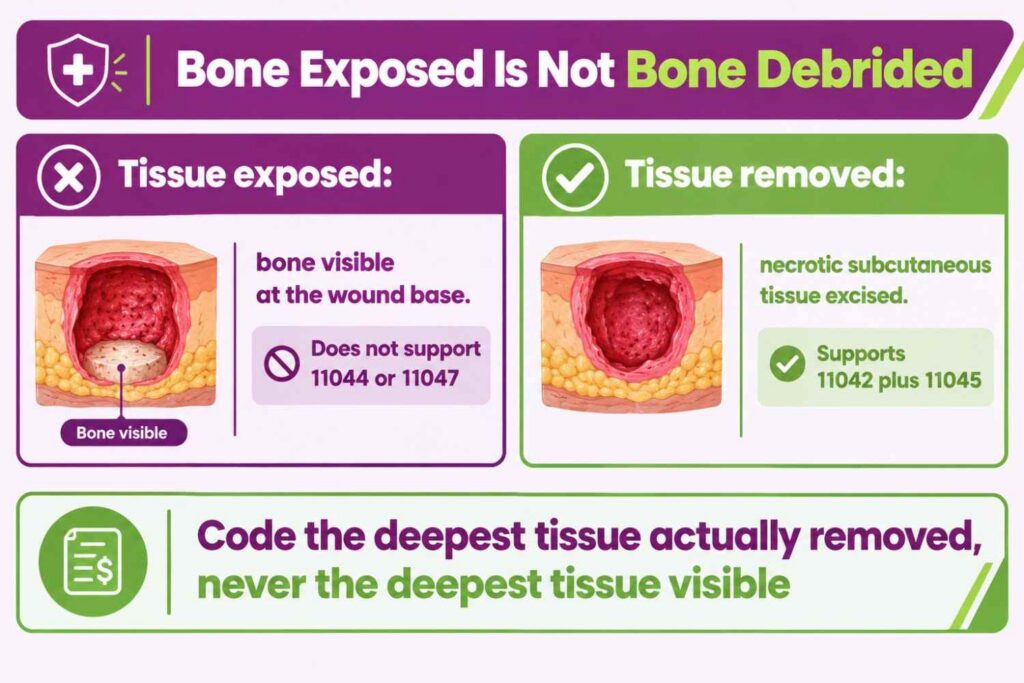 Comparison infographic showing wound debridement codes follow the tissue actually removed, not the tissue exposed, so visible bone with subcutaneous excision bills 11042 and 11045