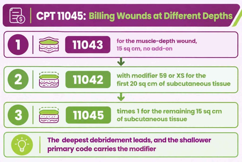 Claim-line infographic showing how wounds debrided to different depths are billed with 11043, then 11042 with modifier 59 or XS, then CPT 11045