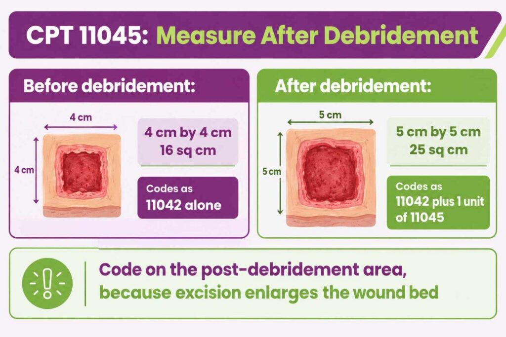 Comparison infographic showing the same wound measured before and after debridement, where the larger post-debridement area adds one unit of CPT 11045