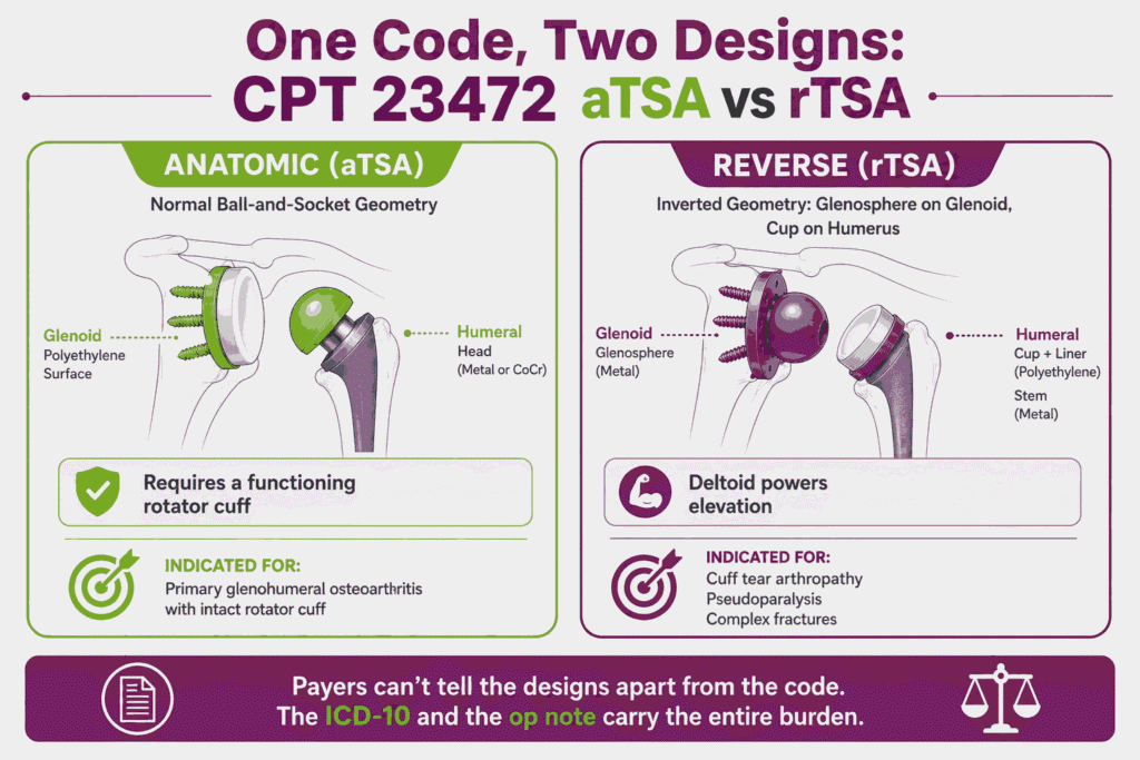 Comparison infographic showing anatomic and reverse total shoulder configurations both reported under CPT 23472 with their distinct indications