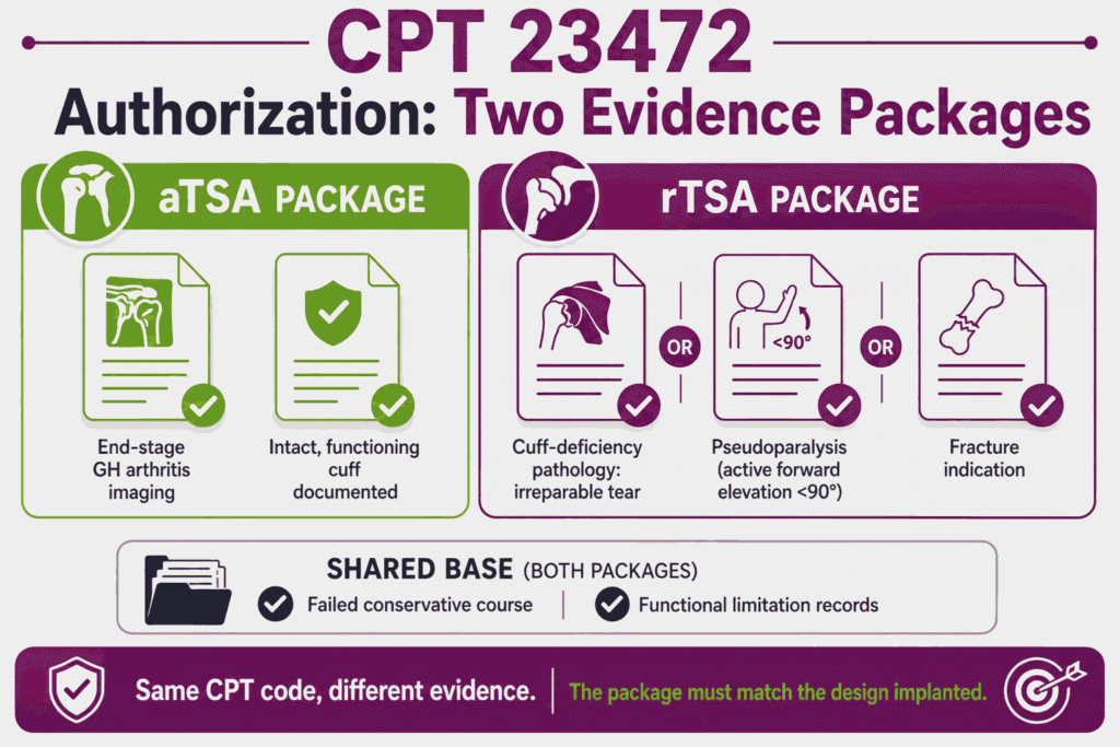 Infographic contrasting the anatomic and reverse authorization evidence packages required for CPT 23472