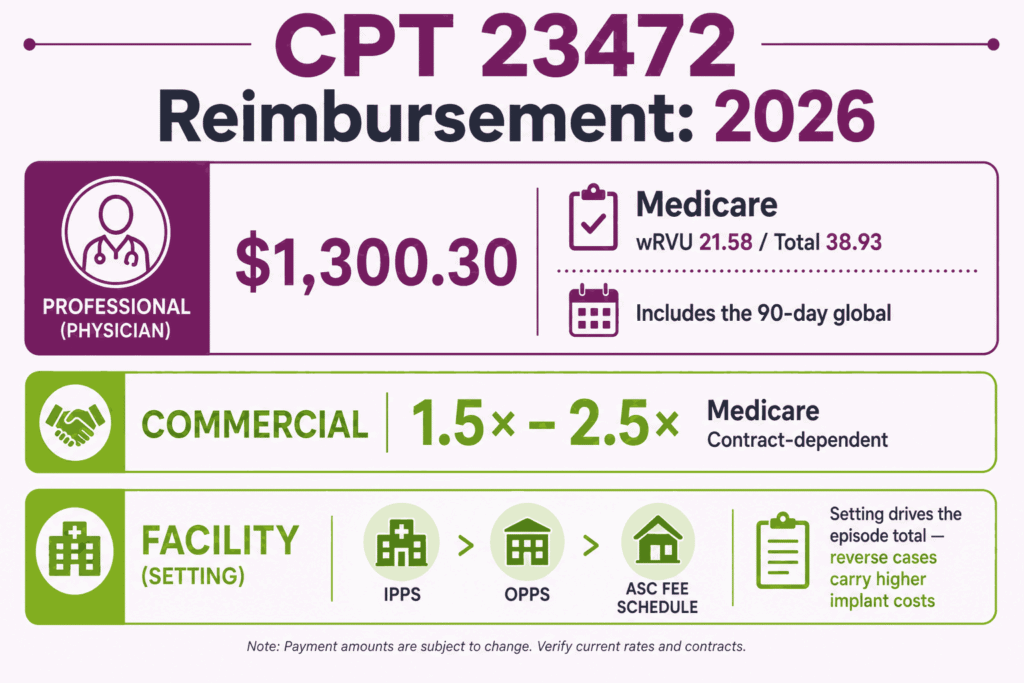 CPT 23472 cost infographic showing the 2026 Medicare professional fee, commercial multiples, and facility setting tiers
