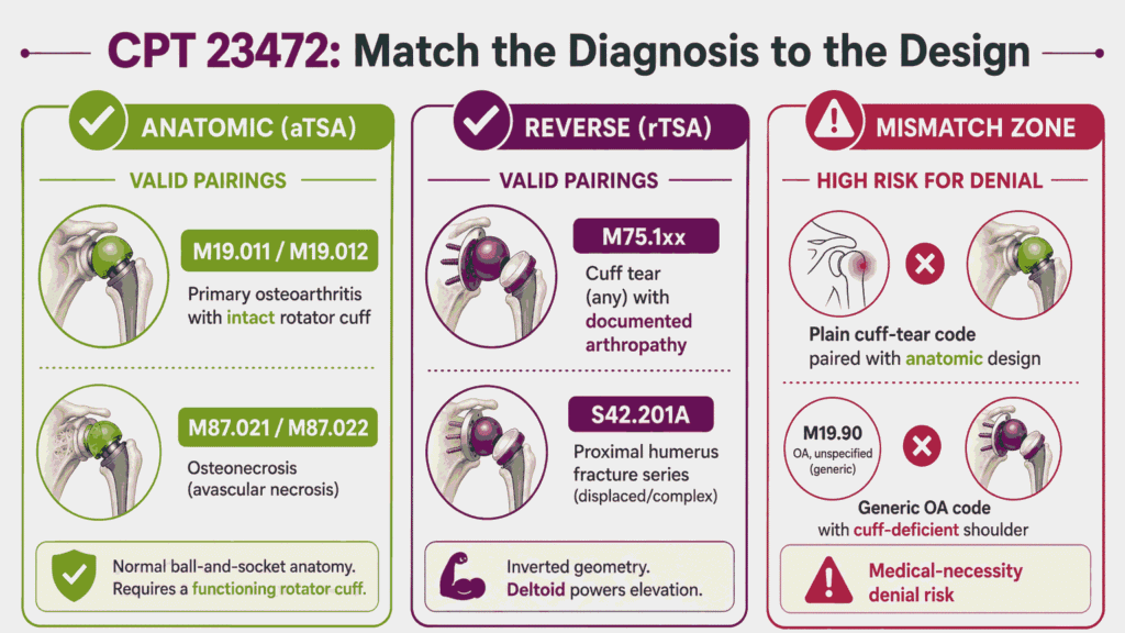 Infographic pairing ICD-10 diagnoses to anatomic and reverse configurations for CPT 23472 and flagging the mismatch that drives denials