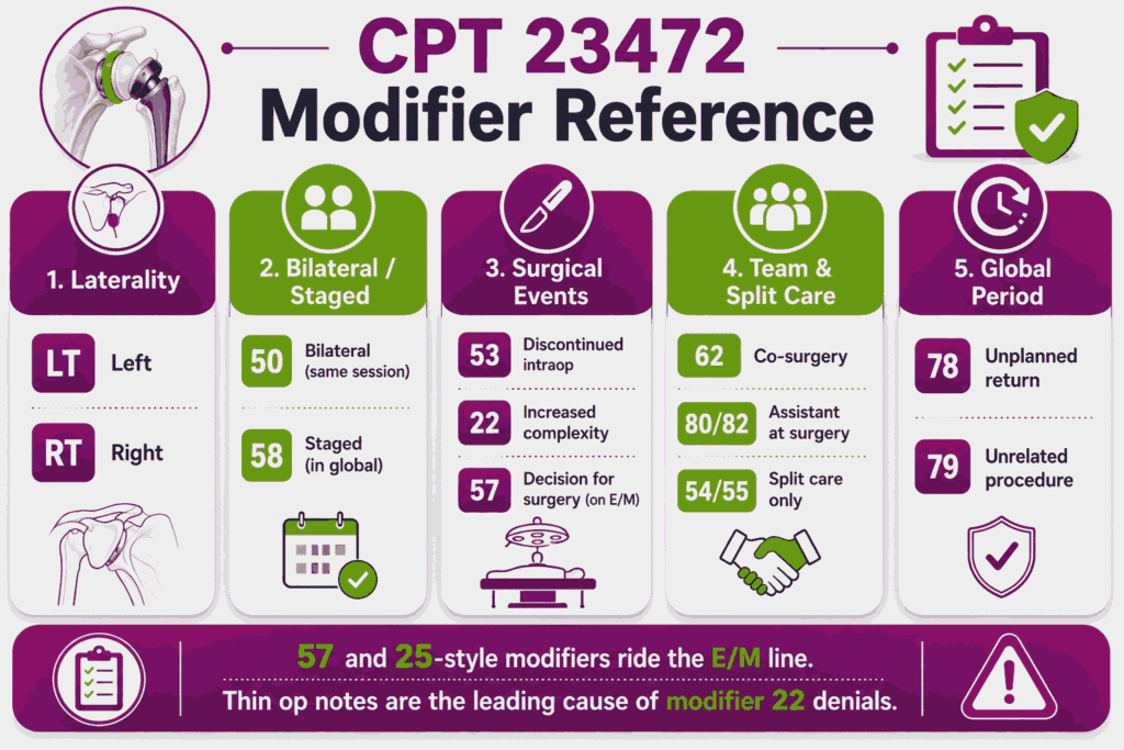 Reference infographic grouping CPT 23472 modifiers by laterality, staging, surgical events, team billing, and global period