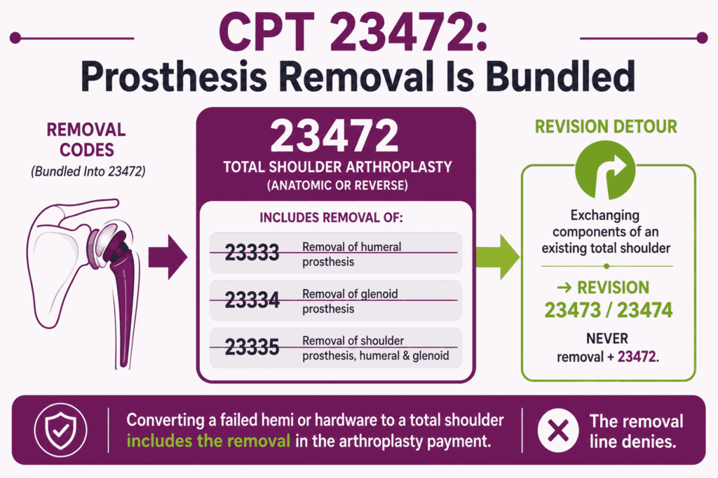 Infographic showing prosthesis removal codes 23333, 23334, and 23335 bundled into CPT 23472 with revisions routed to 23473 and 23474