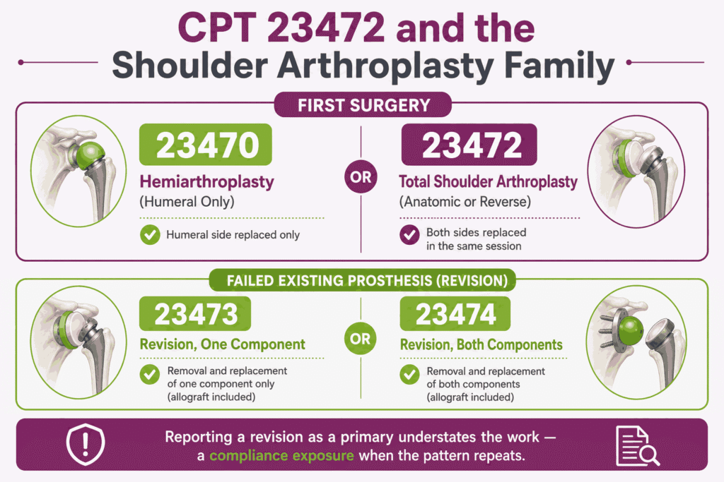 Family-map infographic placing CPT 23472 among hemiarthroplasty 23470 and revision codes 23473 and 23474