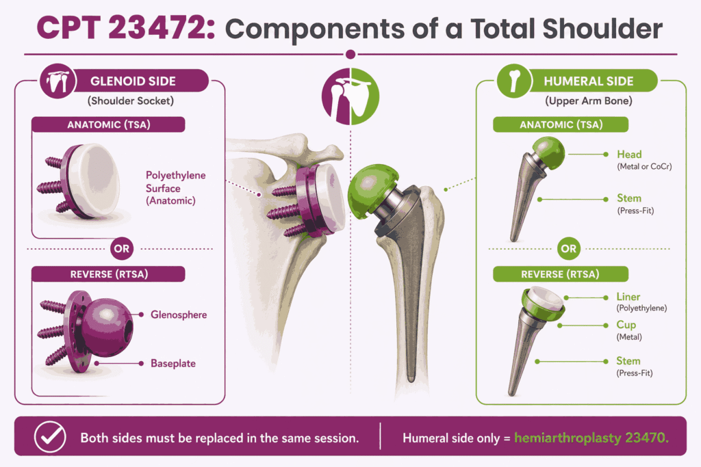 Schematic infographic labeling the glenoid and humeral components of a total shoulder arthroplasty under CPT 23472 in anatomic and reverse configurations