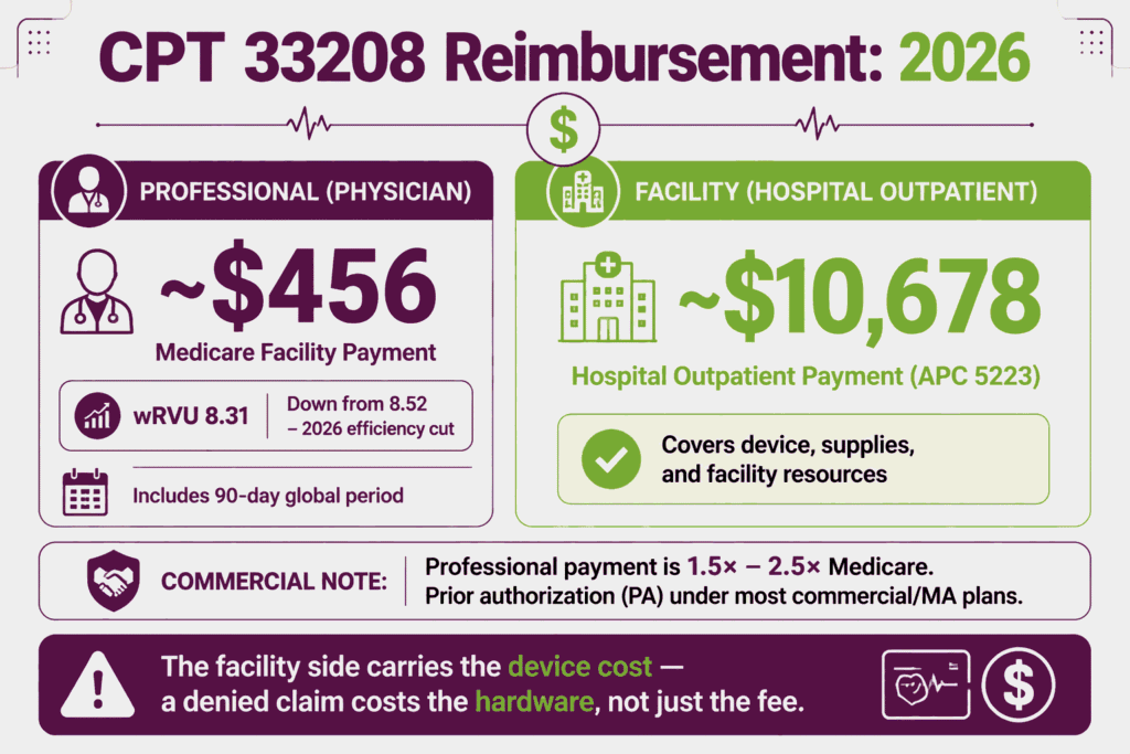 CPT 33208 cost infographic contrasting the 2026 Medicare professional fee with the much larger APC 5223 hospital outpatient facility rate