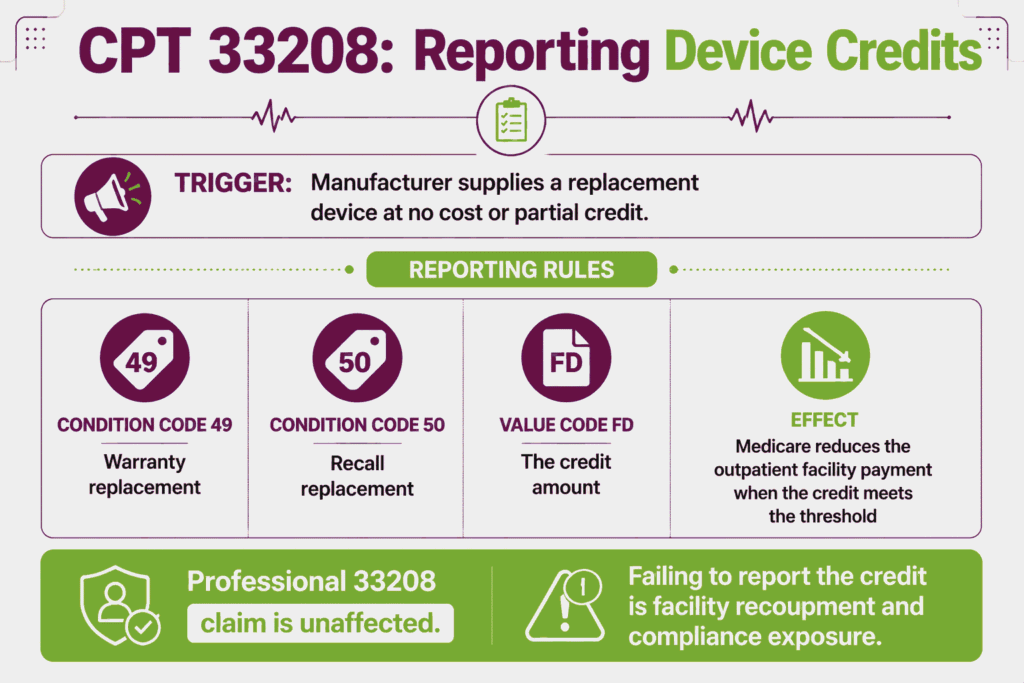 Infographic showing condition codes 49 and 50 and value code FD required to report device credits on the CPT 33208 facility claim