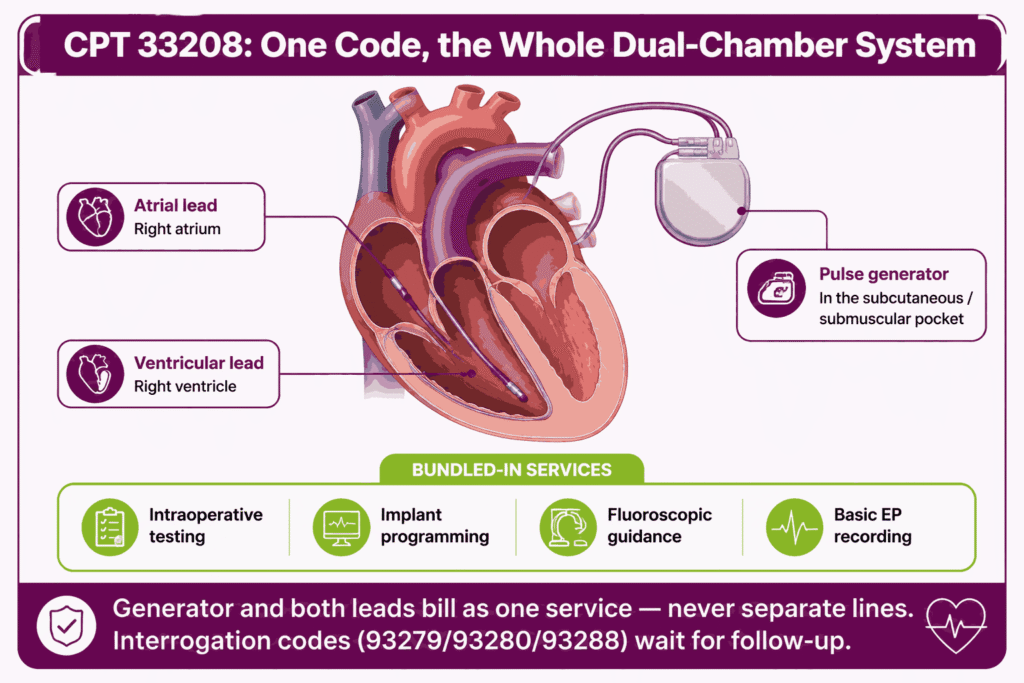 Schematic infographic showing the pulse generator, atrial lead, and ventricular lead bundled into CPT 33208 as one dual-chamber pacemaker service