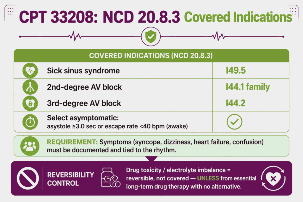 Infographic of NCD 20.8.3 covered indications for CPT 33208 with representative ICD-10 codes and the reversibility disqualifier