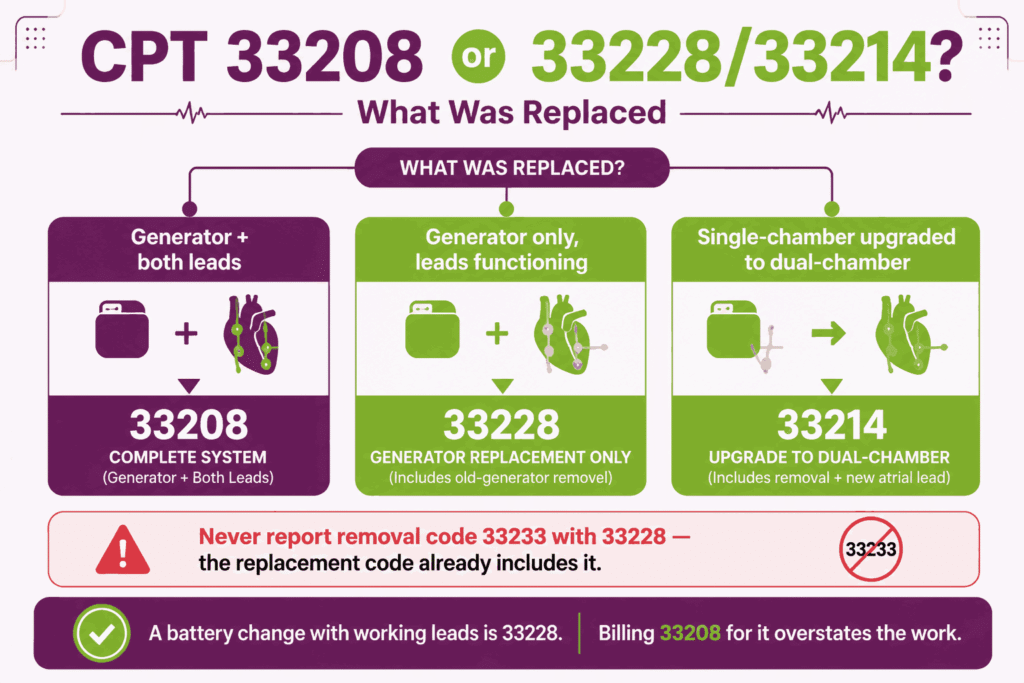 Decision infographic showing when a pacemaker replacement is CPT 33208 versus generator-only 33228 or single-to-dual upgrade 33214