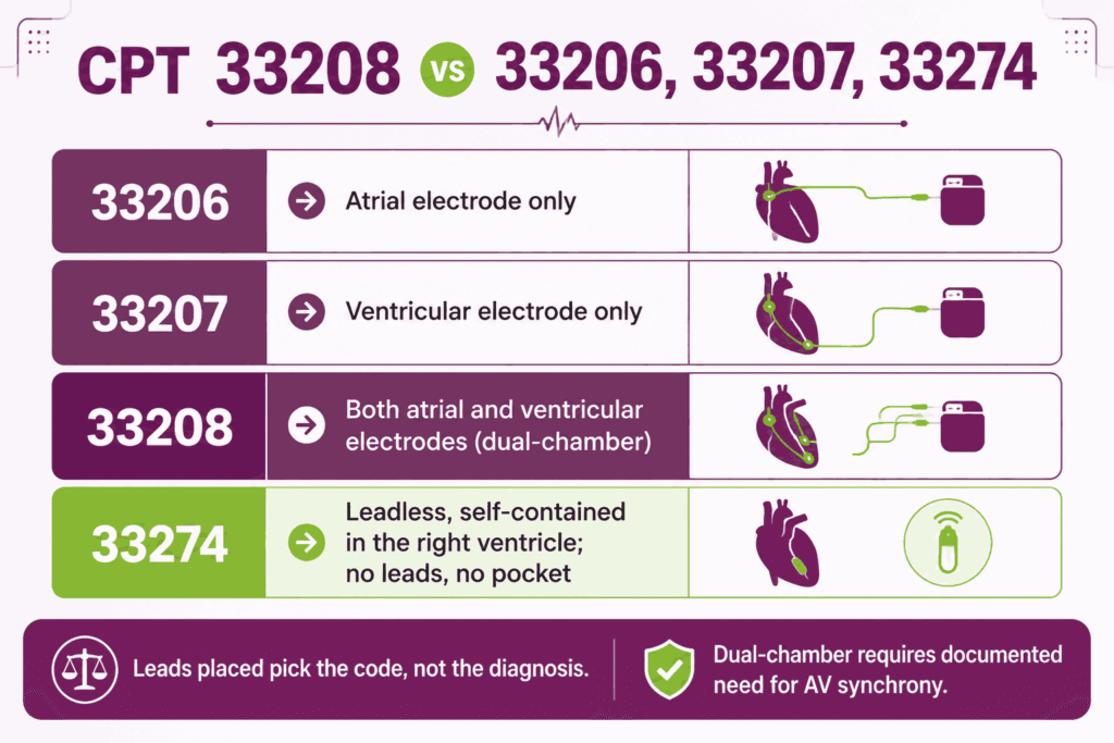 Comparison infographic of pacemaker insertion codes 33206, 33207, 33208, and leadless 33274 by electrodes placed and device architecture