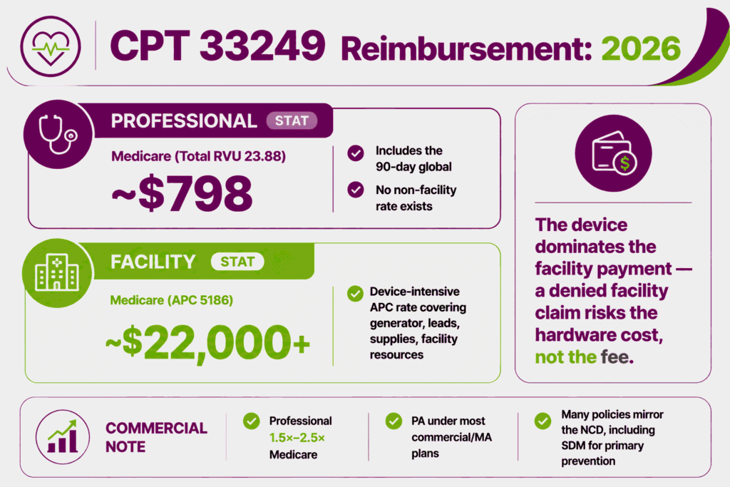 CPT 33249 cost infographic contrasting the 2026 Medicare professional fee with the much larger device-intensive APC facility payment