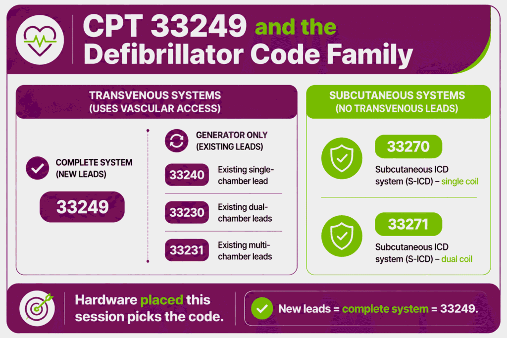 Family-map infographic placing CPT 33249 among generator-only codes 33240, 33230, 33231 and subcutaneous ICD codes 33270 and 33271
