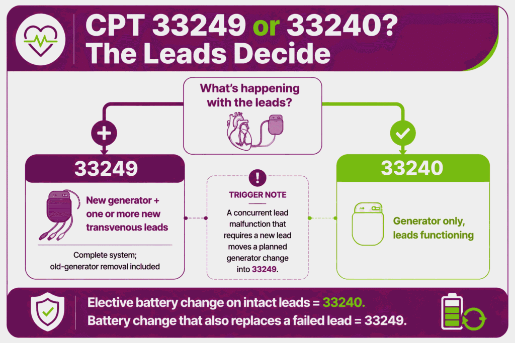 Decision infographic showing a defibrillator replacement is CPT 33249 when new leads are placed versus generator-only 33240 on functioning leads