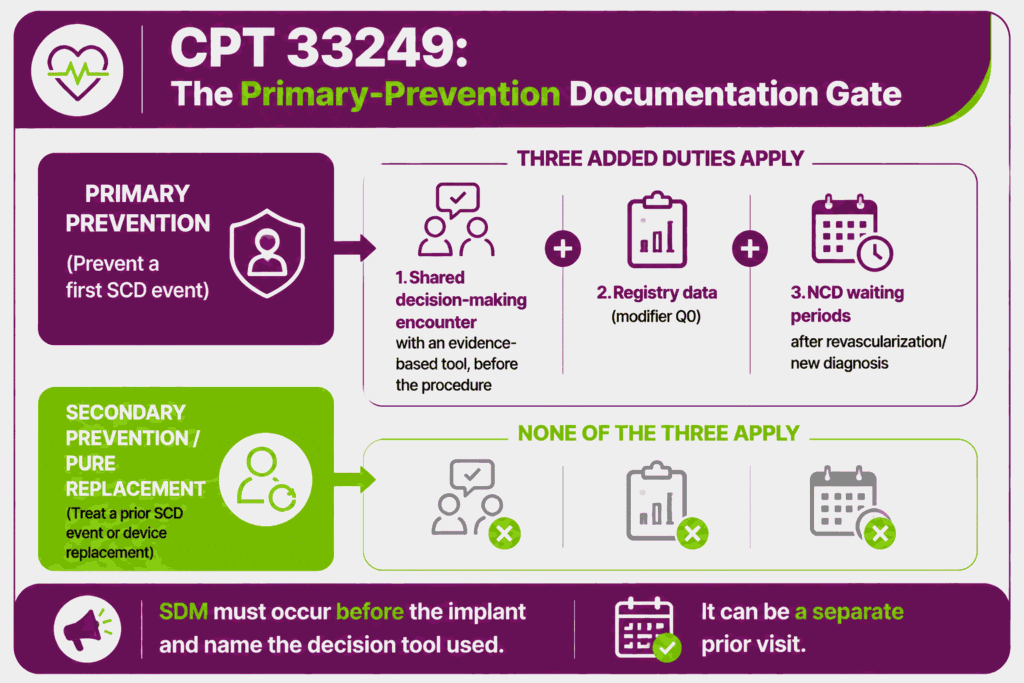 infographic contrasting the three NCD 20.4 documentation duties for primary-prevention CPT 33249 implants against secondary prevention and replacement