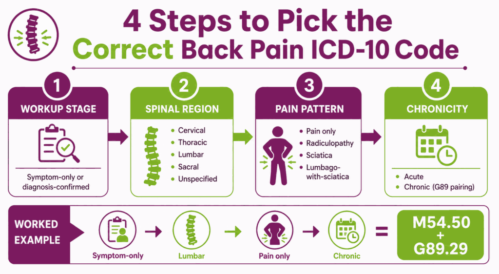 back pain 4 step pick correct ICD-10 code