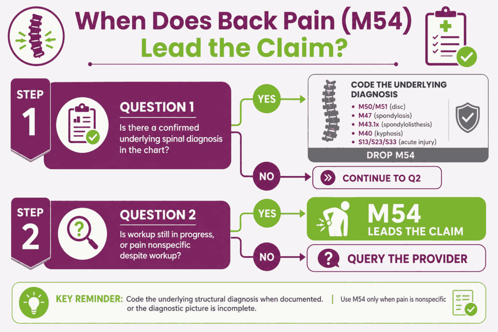 when dose back pain (M45) lead the claim