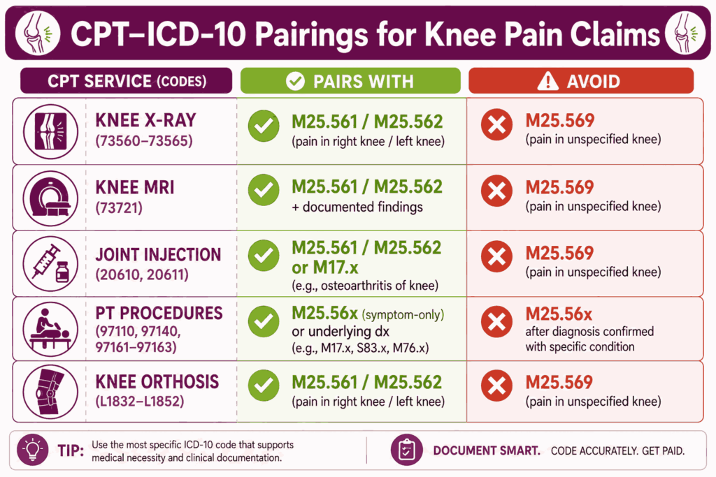 CPT-ICD-10 knee pain pairing guide and claim