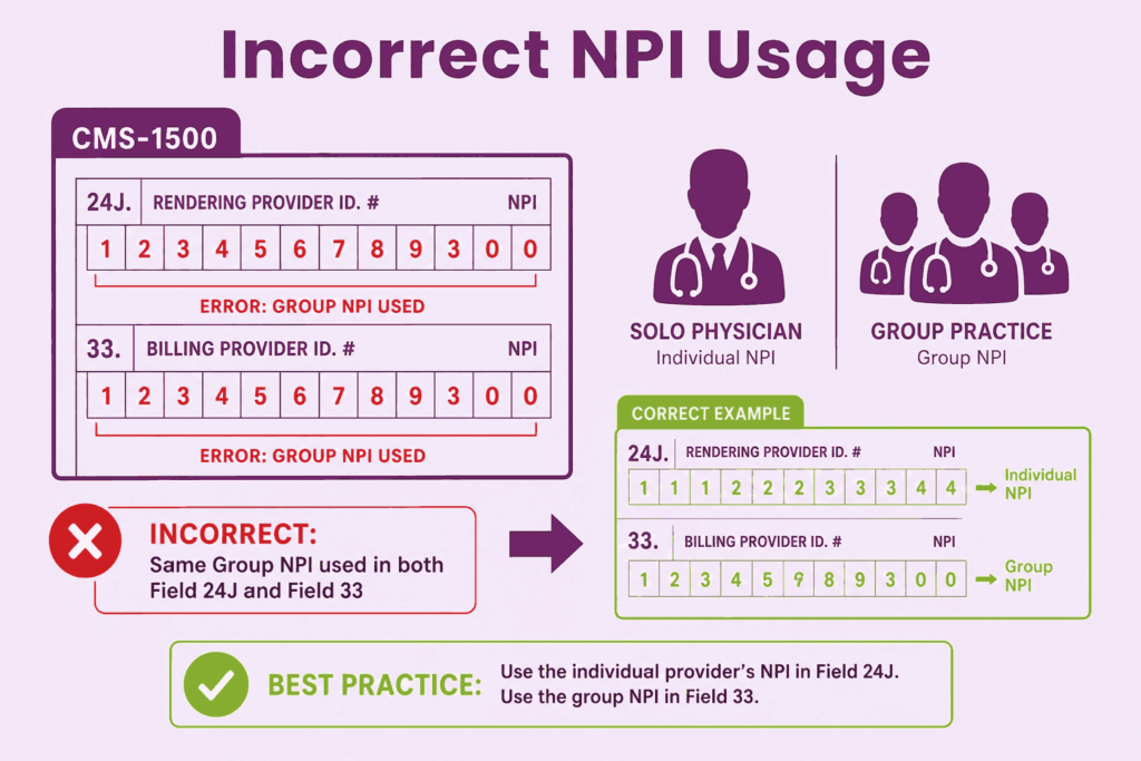 Incorrect NPI Usage in Fields 24J, 25, and 33