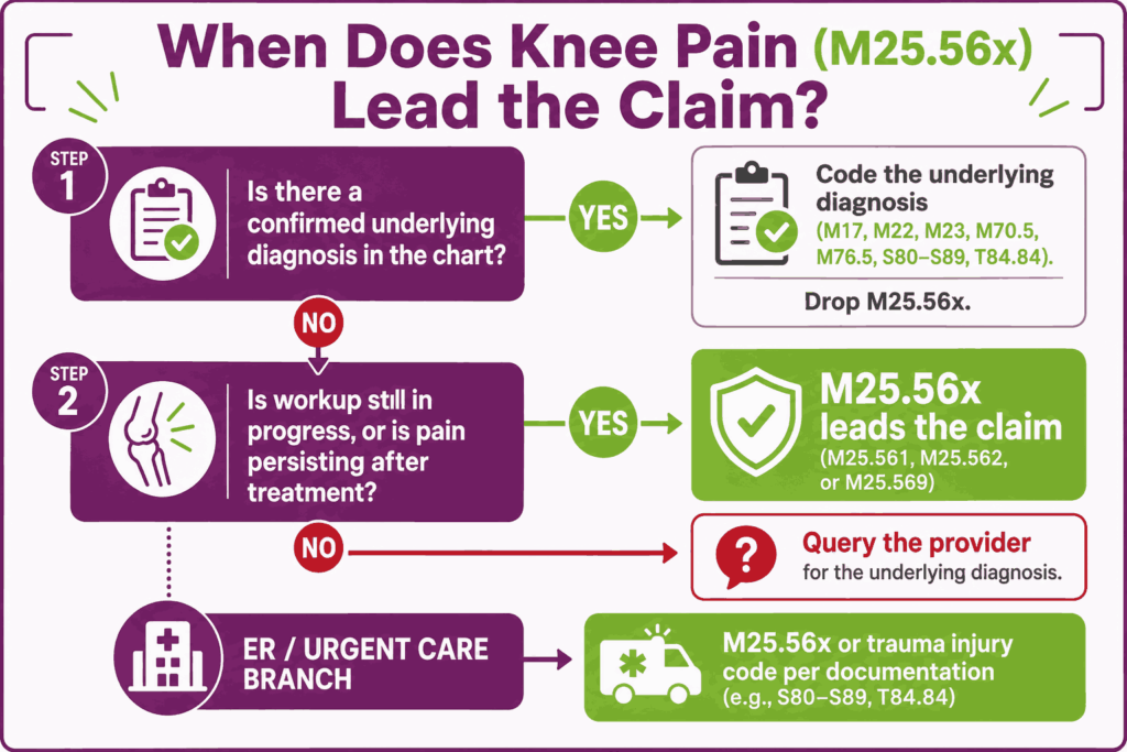 when does knee pain M25.56x leads the claim