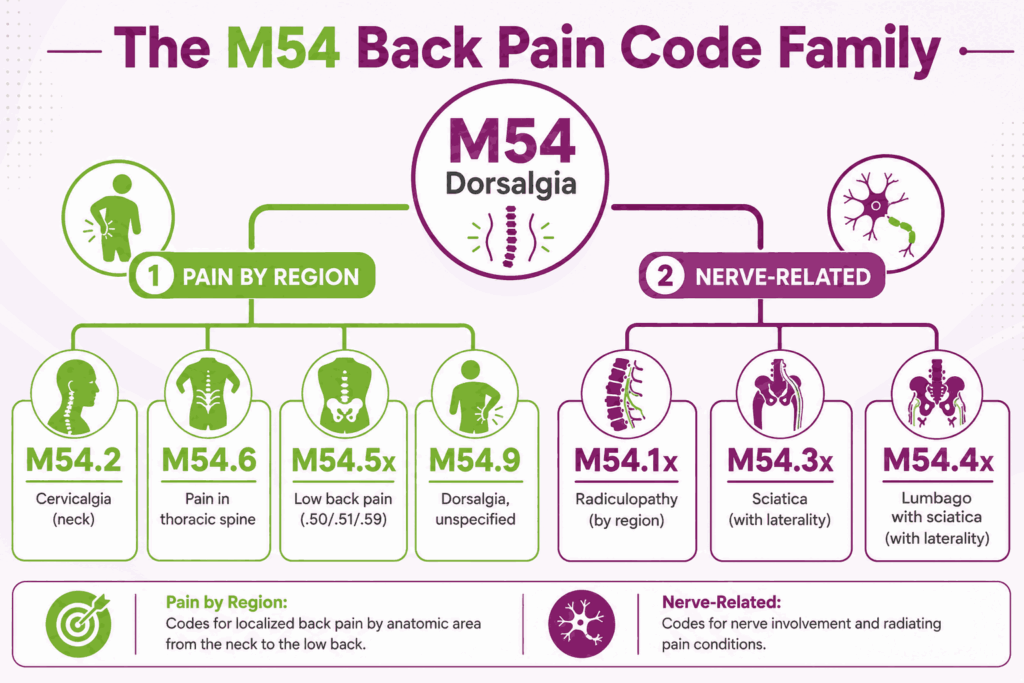 M54 back pain code family tree