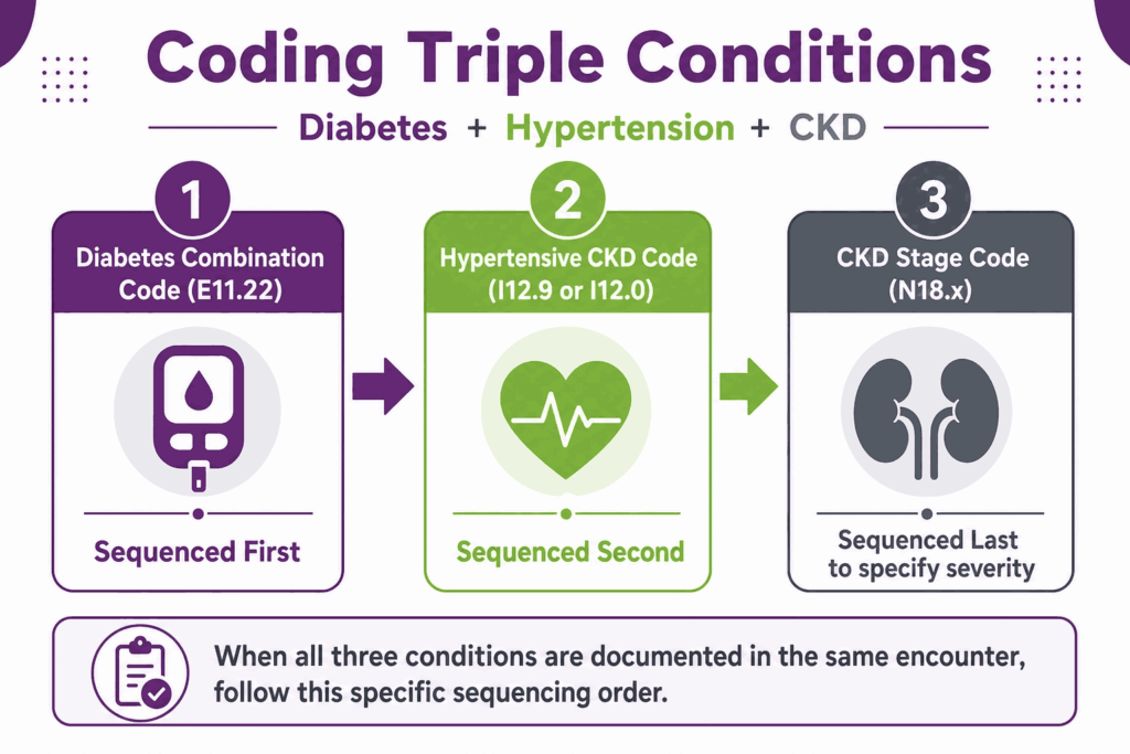 Coding tripple conditions for diabetes, hypertension, and CKD