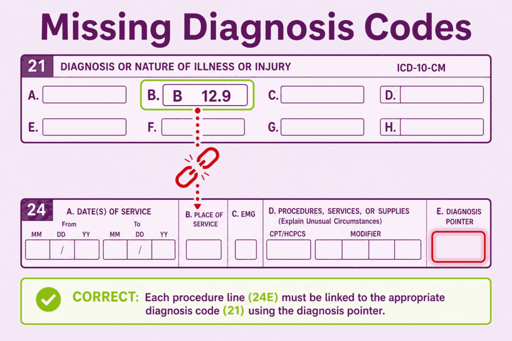 Incorrect Diagnosis Codes in Fields 21 and the Diagnosis Pointer in Field 24E