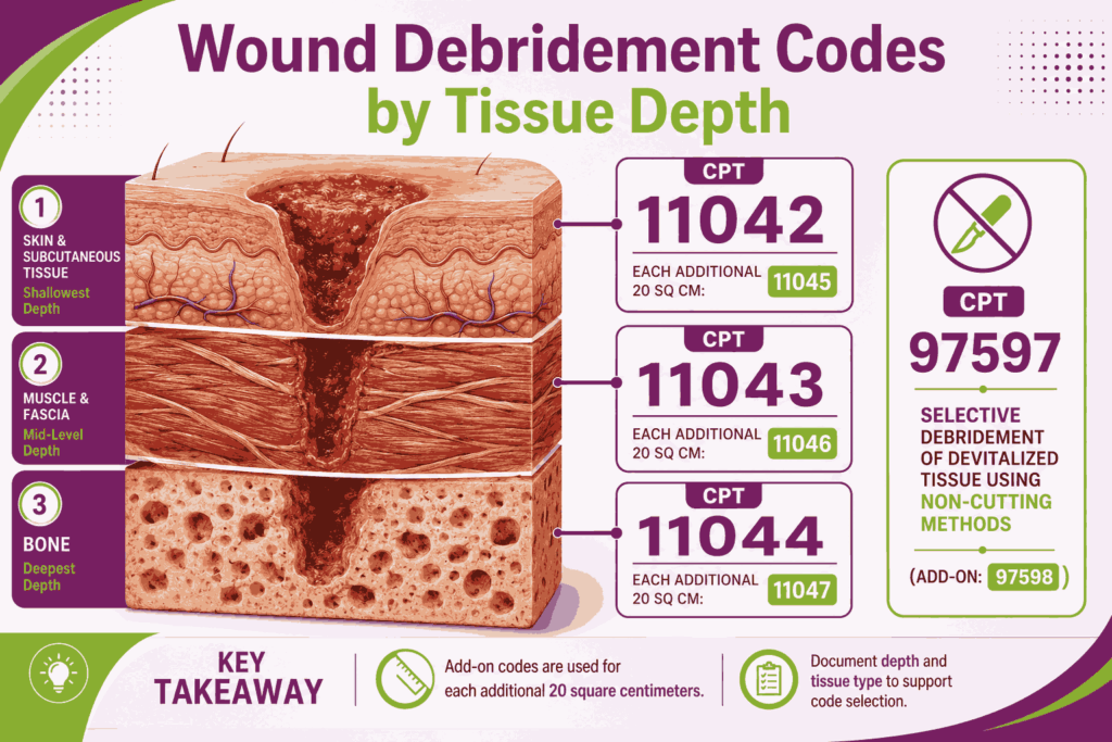 podiatry wound debridement depth codes
