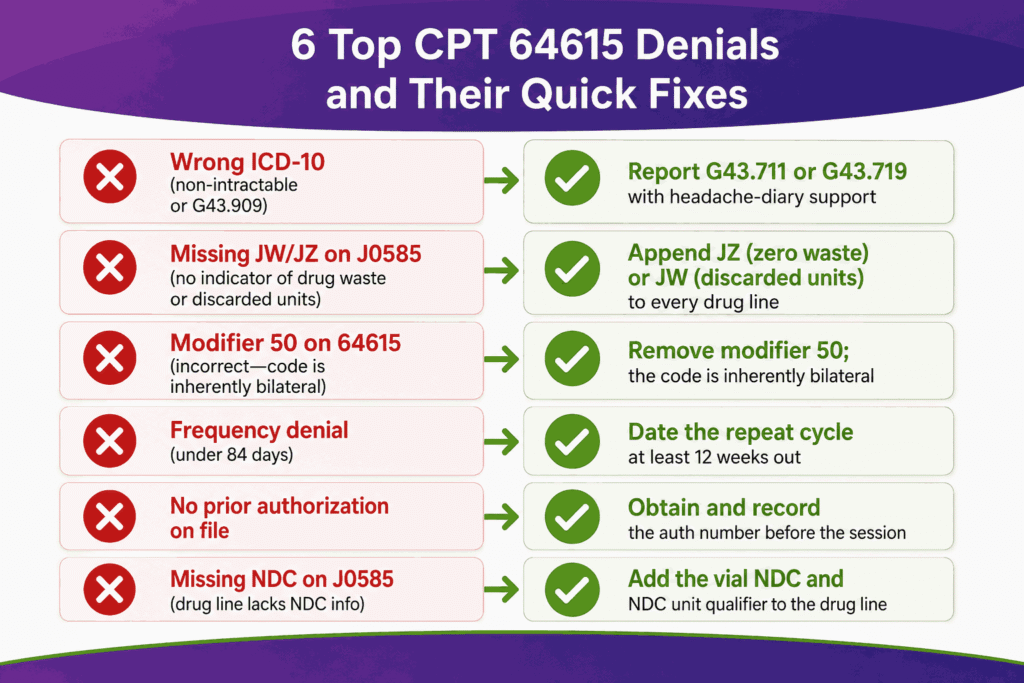 Top 6 CPT 64615 Denials and their quick fixes