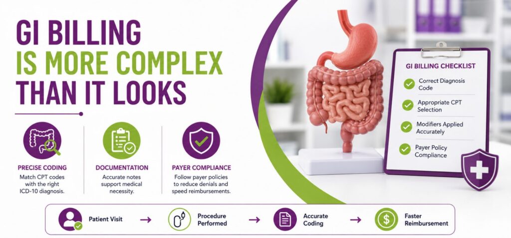 Colonoscopies, EGDs, ERCPs, and liver biopsies each carry CPT codes that must align precisely with the ICD-10 diagnosis attached to the claim.