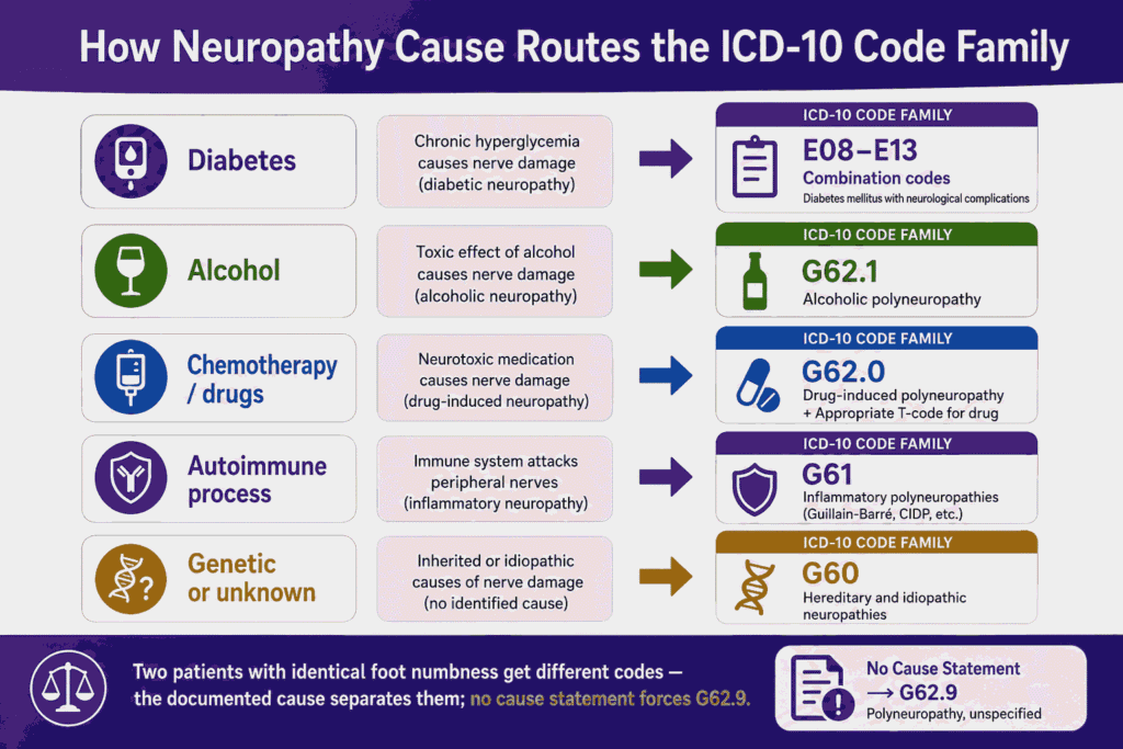 How Neuropathy cause routes the ICD-10 code family