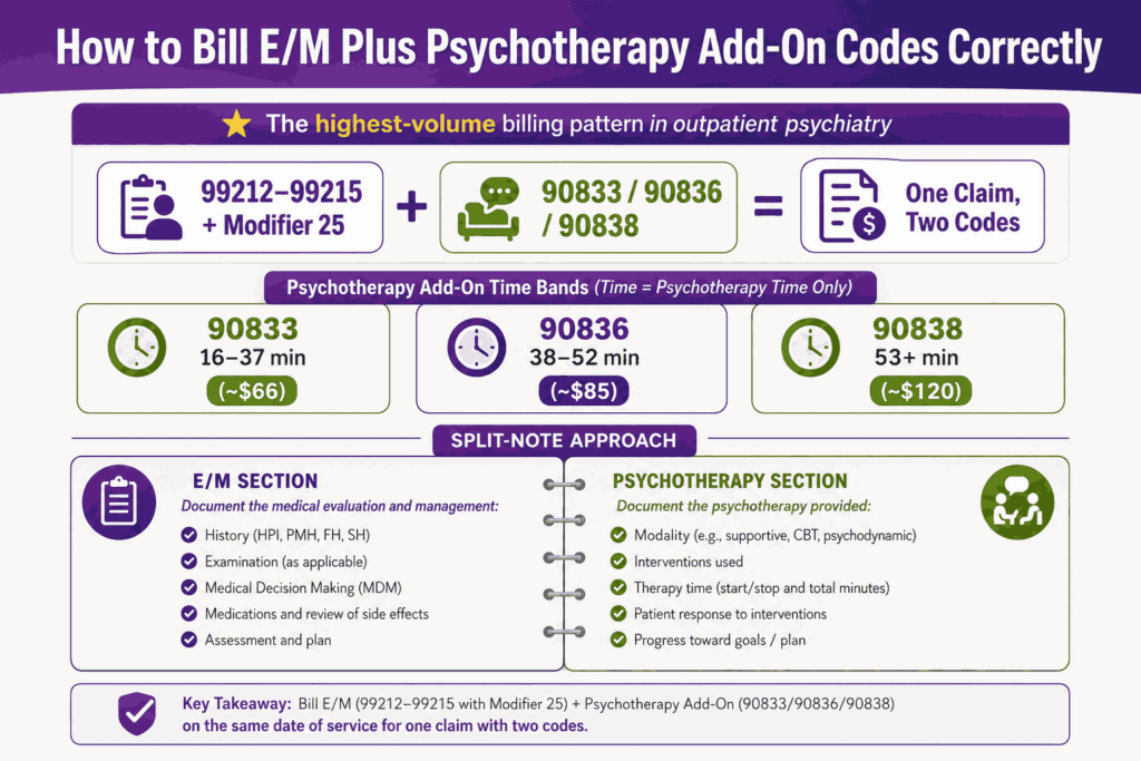 How to bill E/M Plus Psychotherapy add on codes correctly