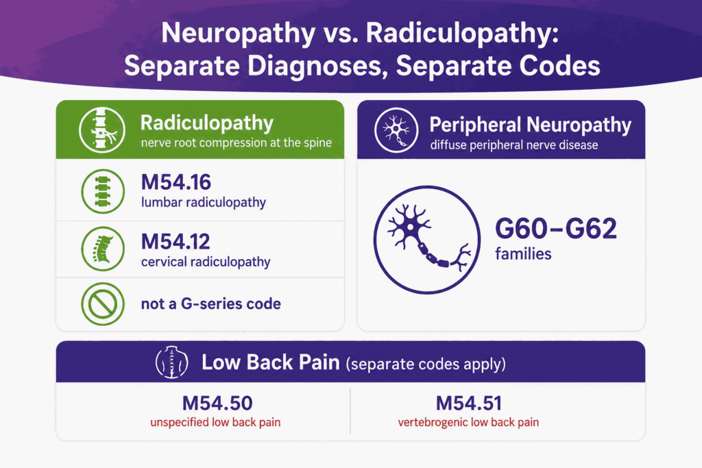 Neuropathy vs, Radiculopathy separate diagnoses, separate codes