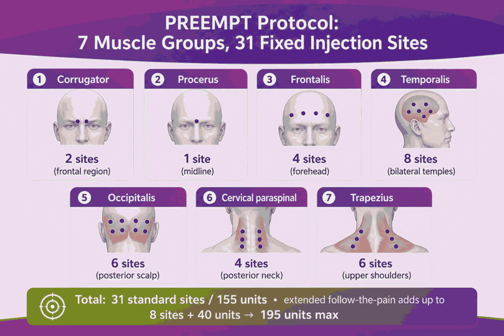 Preempt protocol 7 muscle groups and fixed injection sites