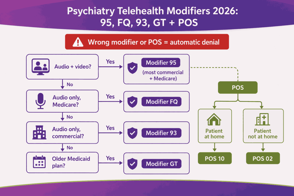 Psychiatry telehealth modifiers 2026 95, FQ, 93, GT + POS