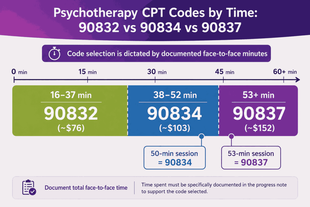 Psychotherapy CPT Codes by time 90832 vs 90834 vs 90837