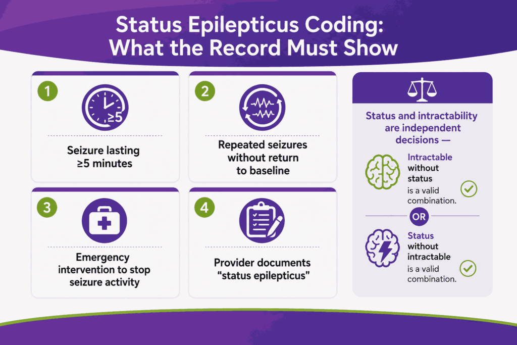what the record must show in Status Epilepticus coding