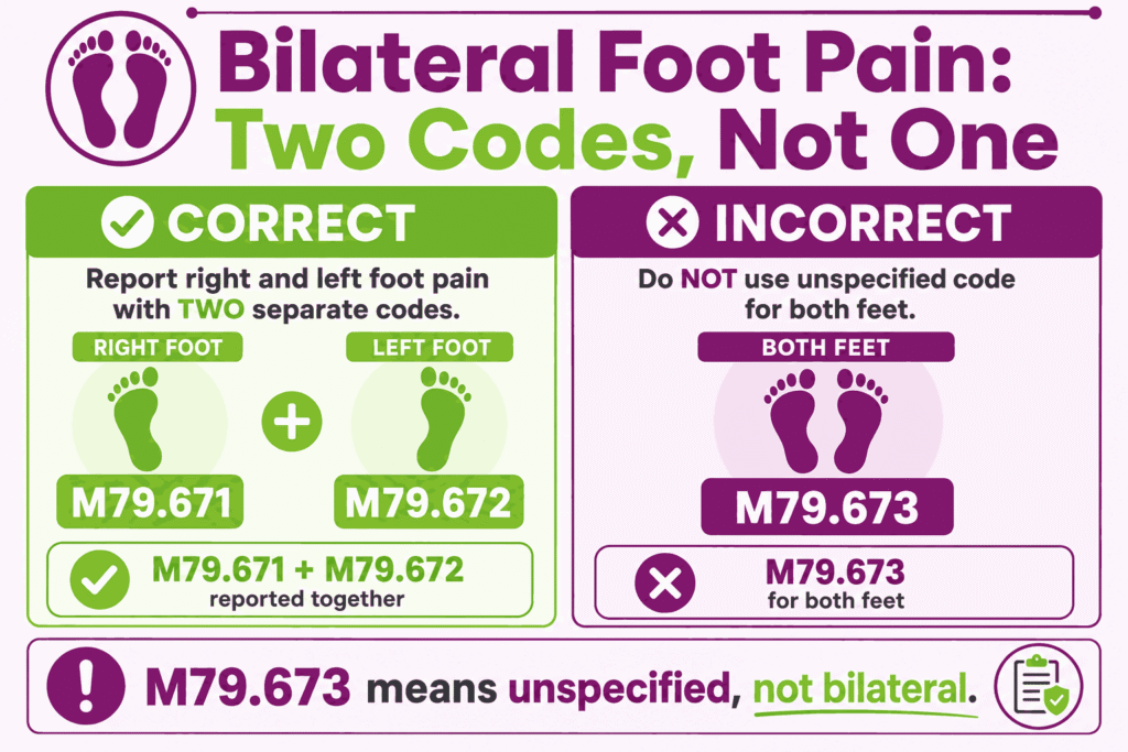 Bilateral foot pain ICD-10 coding showing M79.671 and M79.672 reported together instead of M79.673