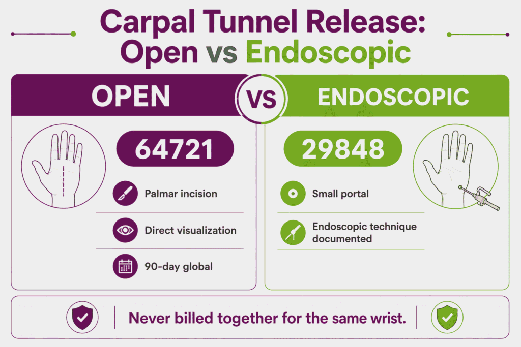 Carpal tunnel open code 64721 vs endoscopic codes 29848