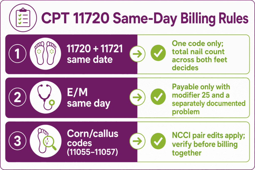 CPT Code 11720 ncci same day billing rules