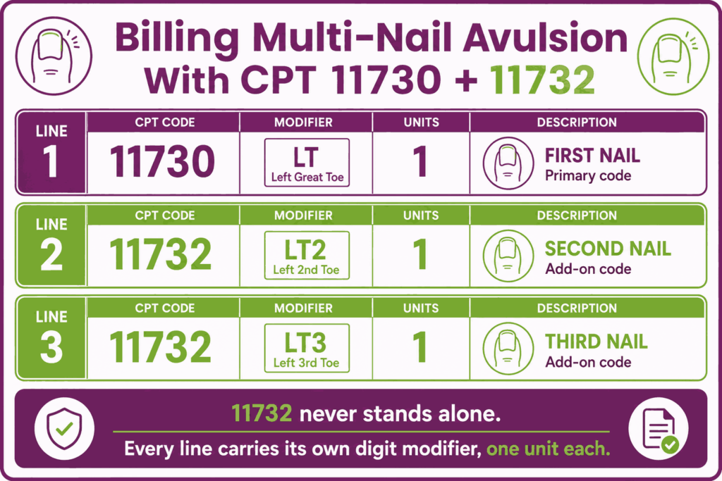 CPT Code 11730 + 11732 multi nail billing sequence