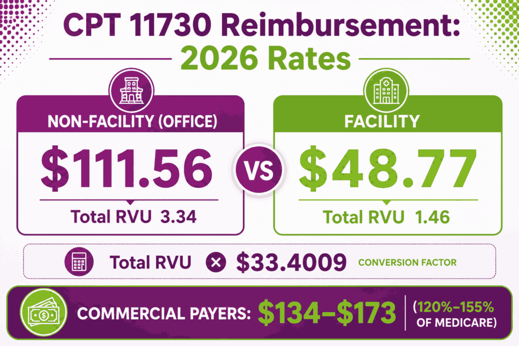 CPT Code 11730 cost medicare commercial rates 2026