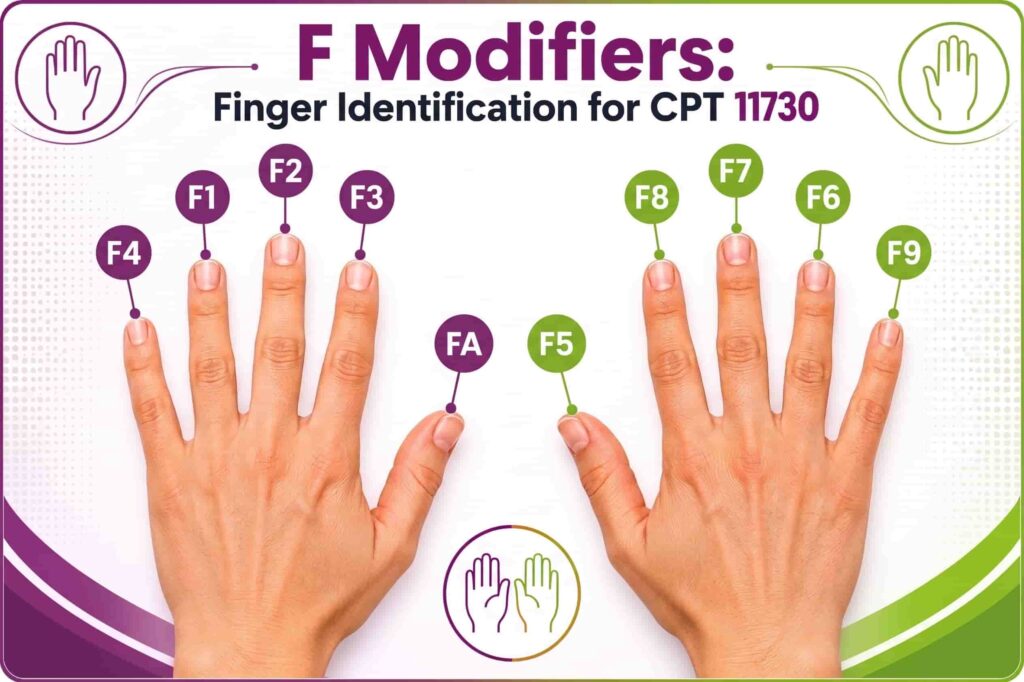 CPT Code 11730 f modifiers finger digit map
