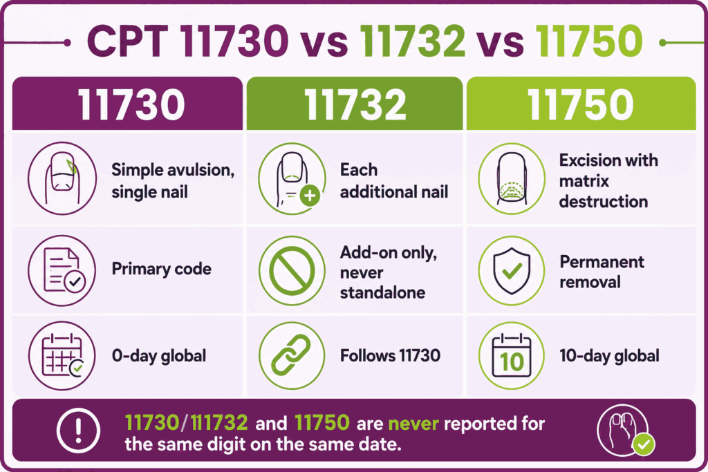 CPT Code 11730 vs 11732 vs 11750 comparison