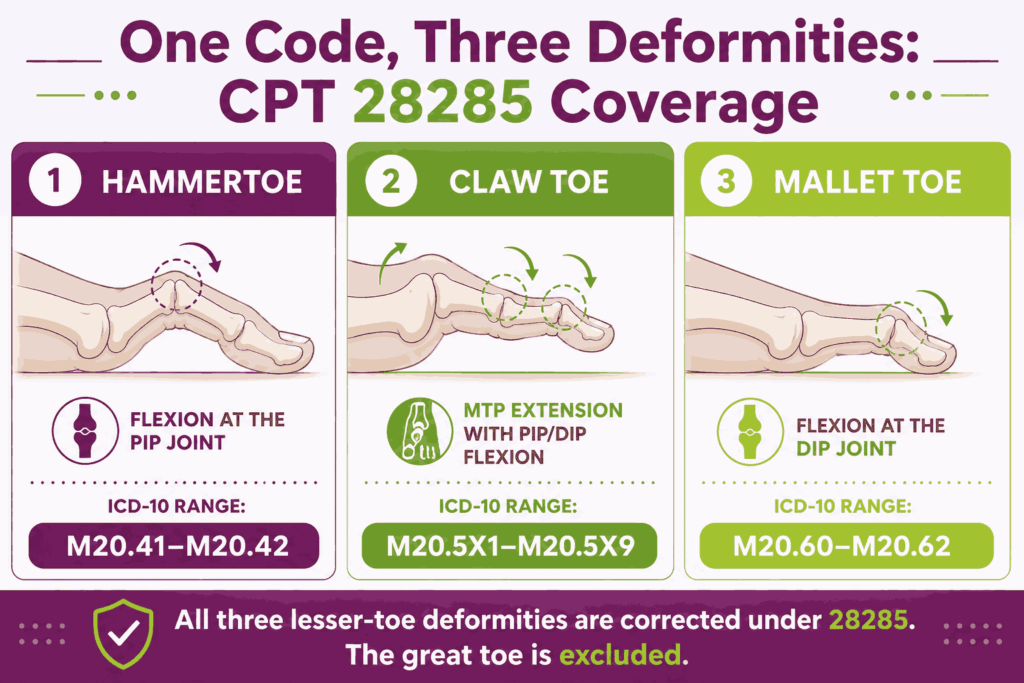 one code, three deformities: CPT 28285 coverage