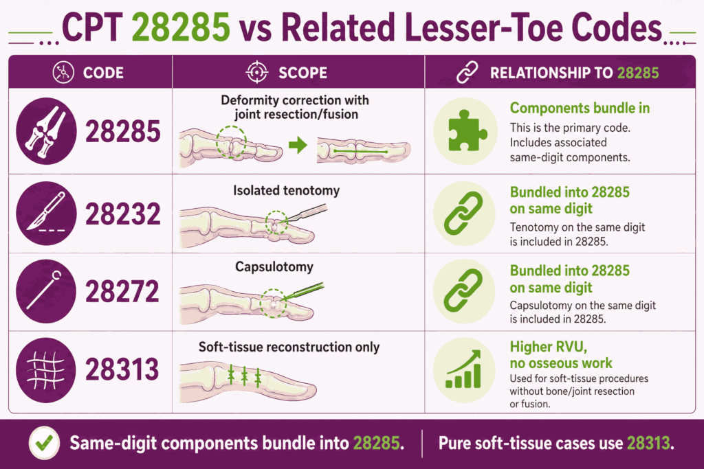 CPT 28285 vs 28232, 28272, & 28313 comparison