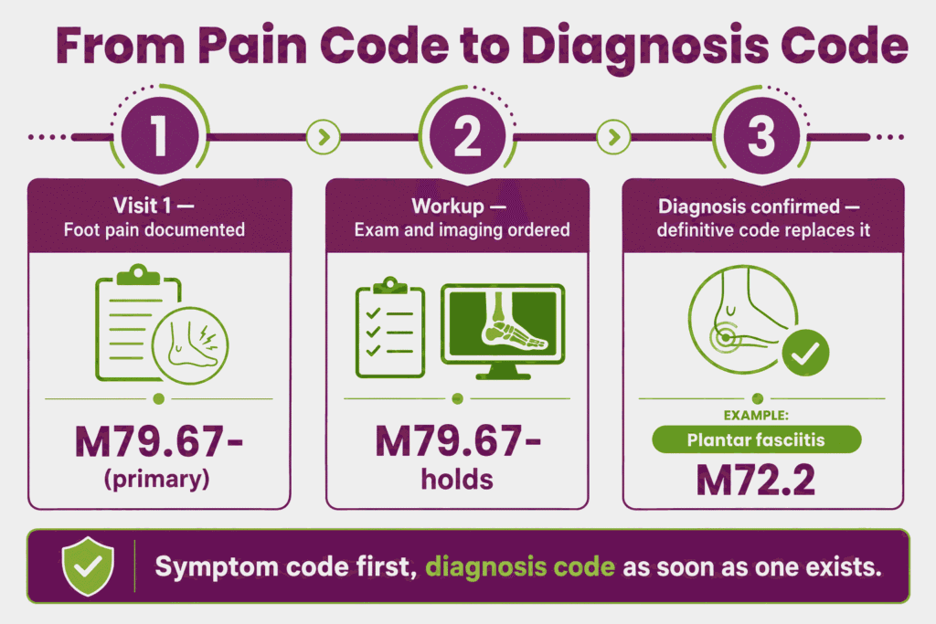 Coding flow from foot pain symptom code M79.67- to a confirmed diagnosis code such as M72.2