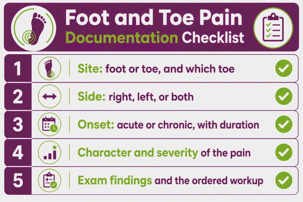 Documentation checklist for foot and toe pain M79.67- claims covering site, side, onset, character, and workup